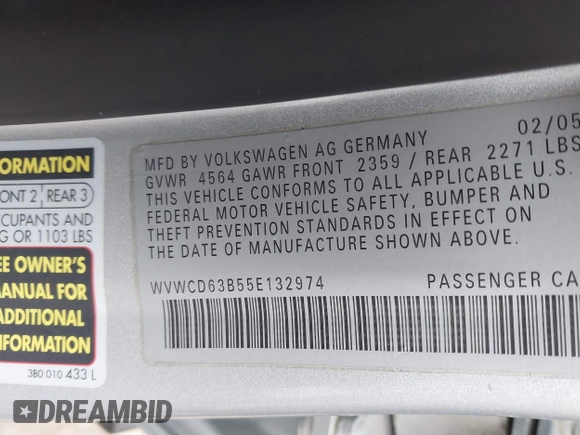2005 Volkswagen Passat z VIN WVWCD63B55E132974, wystawiony jako IAAI lot #41755346 z przebiegiem 68 295 mil mil oraz . Historia ofert i sprzedaży dostępna na DreamBid. Obrazek 9.