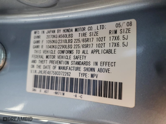 2008 Honda CR-V EX-L with VIN JHLRE48758C072262, listed as a Copart auction lot 53736945 with 136,140 mi miles and Salvage Title. Bid and sale history available at carsss.com. Image 13.