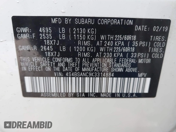 2019 Subaru Outback Limited with VIN 4S4BSANC9K3314884, listed as a IAAI auction lot 41781081 with 41,906 mi miles and . Bid and sale history available at DreamBid. Image 9.