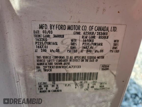 2003 Ford F-150 XL z VIN 2FTRX18WX3CA73133, wystawiony jako Copart lot #58734795 z przebiegiem 197 519 mil mil oraz Szkoda całkowita • Salvage title. Historia ofert i sprzedaży dostępna na DreamBid. Obrazek 13.