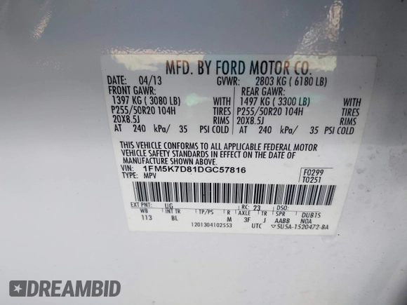 2013 Ford Explorer XLT z VIN 1FM5K7D81DGC57816, wystawiony jako IAAI lot #38258509 z przebiegiem 61 027 mil mil oraz . Historia ofert i sprzedaży dostępna na DreamBid. Obrazek 9.