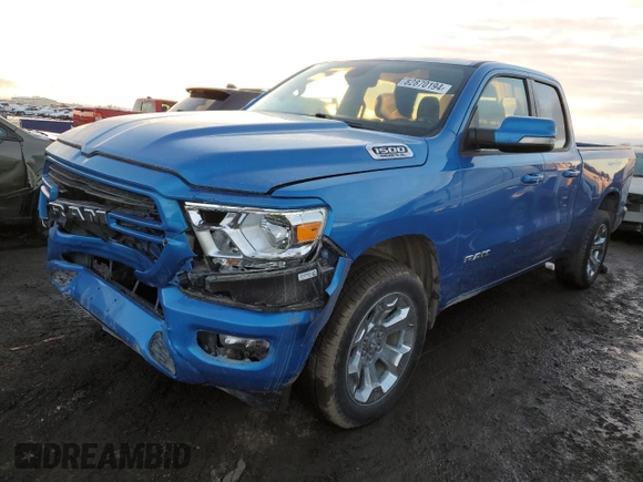 2021 Ram 1500 Big Horn with VIN 1C6SRFBT3MN586735, listed as a Copart auction lot 82870194 with 55,744 mi miles and Salvage Title. Bid and sale history available at carsss.com. Image 1.