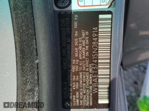 2005 BMW 3 Series 325i with VIN WBAET37415NJ84914, listed as a Copart auction lot 69404704 with 175,029 mi miles and Salvage Title. Bid and sale history available at carsss.com. Image 12.