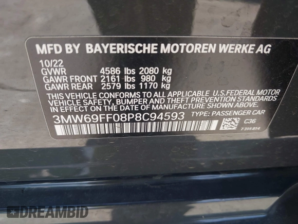 2023 BMW 3 Series 330i с VIN 3MW69FF08P8C94593, выставлен на аукционе IAAI как лот 42082752 с пробегом 36 066 миль миль и . История ставок и продаж доступна на DreamBid. Изображение 9.