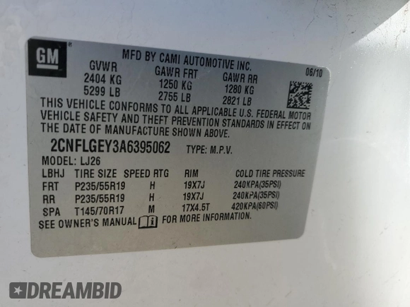2010 Chevrolet Equinox LTZ with VIN 2CNFLGEY3A6395062, listed as a Copart auction lot 46295785 with 173,913 mi miles and Salvage Title. Bid and sale history available at DreamBid. Image 13.