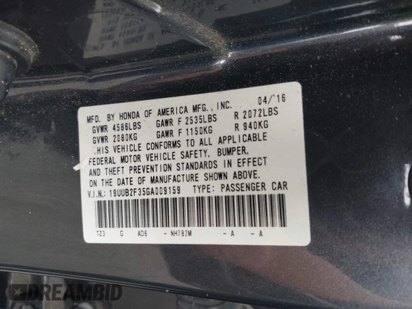 2016 Acura TLX V6 with VIN 19UUB2F35GA009159, listed as a IAAI auction lot 41972718 with 102,202 mi miles. Bid and sale history available at carsss.com. Image 9.