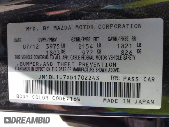 2013 Mazda 3 i Sport with VIN JM1BL1U7XD1702243, listed as a IAAI auction lot 42001182 with 115,257 mi miles and . Bid and sale history available at DreamBid. Image 9.