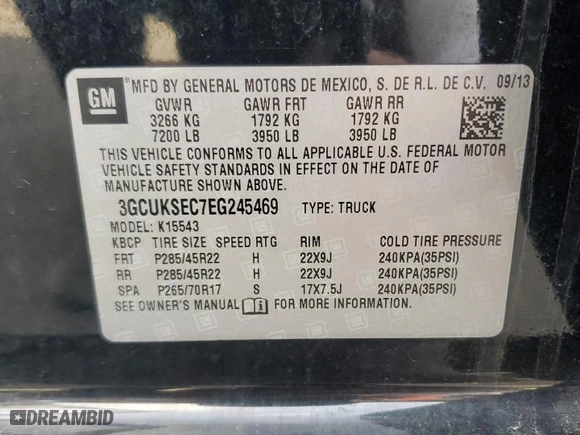 2014 Chevrolet Silverado 1500 LTZ with VIN 3GCUKSEC7EG245469, listed as a Copart auction lot 43020795 with NaN miles and Salvage Title. Bid and sale history available at carsss.com. Image 12.