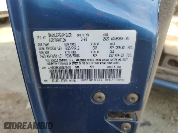 2003 Jeep Liberty Limited with VIN 1J4GK58K53W658792, listed as a Copart auction lot 55672325 with 224,489 mi miles and Salvage title. Bid and sale history available at DreamBid. Image 13.