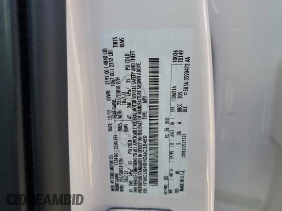 2013 Ford Escape SEL with VIN 1FMCU9H91DUC35459, listed as a Copart auction lot 55277545 with 130,081 mi miles and Salvage Title. Bid and sale history available at DreamBid. Image 13.