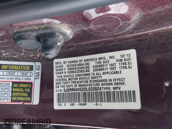 2013 Honda CR-V EX with VIN 5J6RM4H52DL033924, listed as a IAAI auction lot 41735084 with 193,350 mi miles. Bid and sale history available at carsss.com. Image 9.