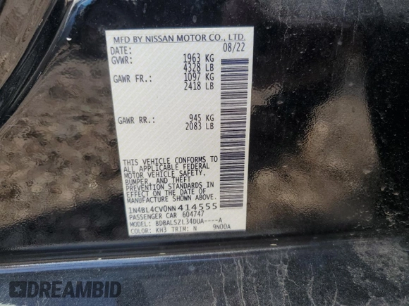 2022 Nissan Altima SR with VIN 1N4BL4CV0NN414555, listed as a Copart auction lot 53052805 with 38,050 mi miles and Salvage Title. Bid and sale history available at DreamBid. Image 13.