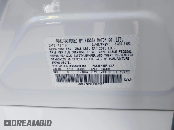 2020 Infiniti Q50 Luxe with VIN JN1EV7AP4LM206367, listed as a IAAI auction lot 41069262 with 54,245 mi miles and . Bid and sale history available at DreamBid. Image 9.
