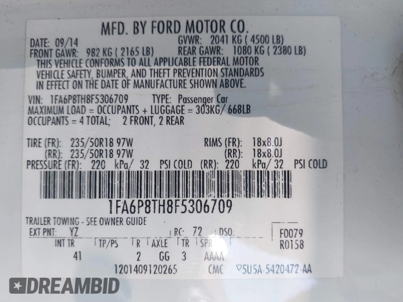2015 Ford Mustang EcoBoost with VIN 1FA6P8TH8F5306709, listed as a IAAI auction lot 41880999 with 89,492 mi miles and . Bid and sale history available at carsss.com. Image 9.