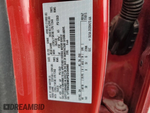 2023 Ford F-250 XL with VIN 1FT8W2BM3PED36980, listed as a Copart auction lot 49450125 with 57,760 mi miles and Salvage Title. Bid and sale history available at DreamBid. Image 13.