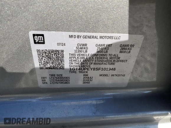 2025 GMC Sierra 2500HD AT4 z VIN 1GT4UPEY8SF101946, wystawiony jako Copart lot #44000195 z przebiegiem 1 238 mil mil oraz Nie do naprawy • Non repairable. Historia ofert i sprzedaży dostępna na DreamBid. Obrazek 12.