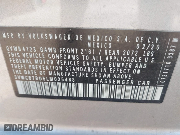 2020 Volkswagen Jetta S z VIN 3VWCB7BU5LM035468, wystawiony jako IAAI lot #41785899 z przebiegiem 69 058 mil mil oraz . Historia ofert i sprzedaży dostępna na DreamBid. Obrazek 9.
