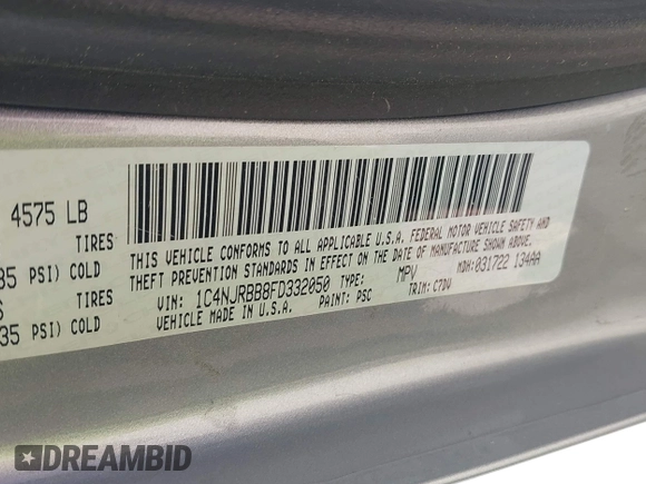 2015 Jeep Patriot Sport with VIN 1C4NJRBB8FD332050, listed as a IAAI auction lot 42283745 with 168,053 mi miles and . Bid and sale history available at DreamBid. Image 9.