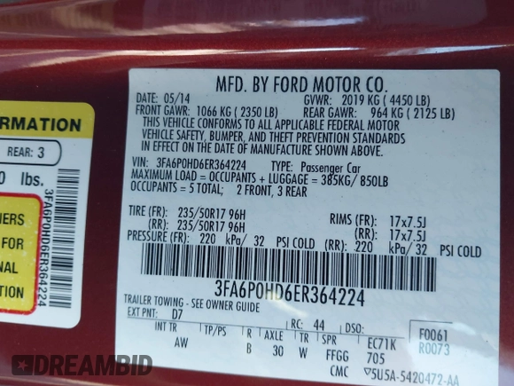 2014 Ford Fusion SE with VIN 3FA6P0HD6ER364224, listed as a IAAI auction lot 41987282 with 162,158 mi miles. Bid and sale history available at carsss.com. Image 9.