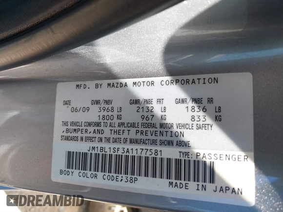 2010 Mazda 3 i Sport with VIN JM1BL1SF3A1177581, listed as a IAAI auction lot 41800271 with 158,789 mi miles and . Bid and sale history available at DreamBid. Image 9.