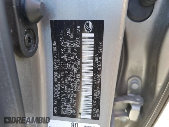 2020 Lexus ES 350 Luxury with VIN 58AEZ1B13LU073808, listed as a Copart auction lot 76403914 with 57,293 mi miles and Salvage title. Bid and sale history available at DreamBid. Image 12.