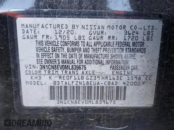 2021 Nissan Versa SV with VIN 3N1CN8EV0ML839675, listed as a Copart auction lot 48136185 with 116,783 mi miles and Salvage Title. Bid and sale history available at carsss.com. Image 13.