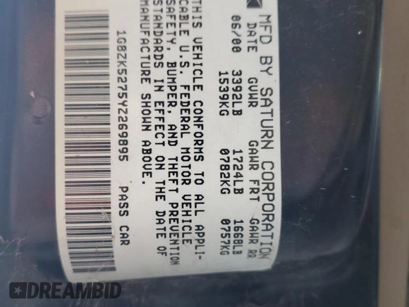 2000 Saturn SL with VIN 1G8ZK5275YZ269895, listed as a Copart auction lot 63102485 with Not provided miles and Clean title. Bid and sale history available at DreamBid. Image 12.