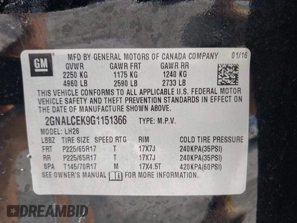 2016 Chevrolet Equinox LT with VIN 2GNALCEK9G1151366, listed as a IAAI auction lot 42137410 with 113,307 mi miles and . Bid and sale history available at carsss.com. Image 9.