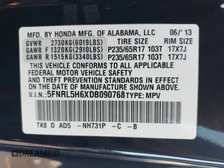 2013 Honda Odyssey EX-L with VIN 5FNRL5H6XDB090768, listed as a IAAI auction lot 42008759 with 116,052 mi miles and . Bid and sale history available at carsss.com. Image 9.