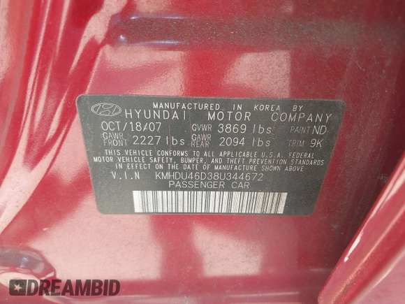 2008 Hyundai Elantra GLS with VIN KMHDU46D38U344672, listed as a IAAI auction lot 42472054 with 167,385 mi miles and . Bid and sale history available at DreamBid. Image 9.