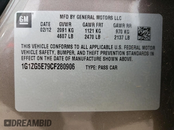 2012 Chevrolet Malibu LTZ with VIN 1G1ZG5E79CF280906, listed as a Copart auction lot 48709325 with 111,704 mi miles and Salvage Title. Bid and sale history available at DreamBid. Image 12.