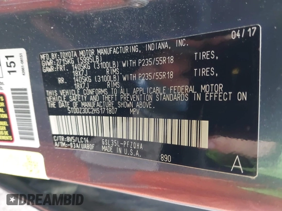 2017 Toyota Sienna XLE with VIN 5TDDZ3DC2HS171807, listed as a IAAI auction lot 42225873 with 105,588 mi miles and . Bid and sale history available at DreamBid. Image 9.