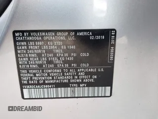 2018 Volkswagen Atlas SE with VIN 1V2KR2CA6JC560411, listed as a IAAI auction lot 41887472 with 168,155 mi miles and . Bid and sale history available at DreamBid. Image 9.