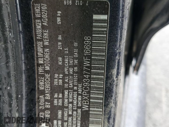 2007 BMW X3 3.0si with VIN WBXPC93477WF16698, listed as a Copart auction lot 61415625 with Not provided miles and Salvage title. Bid and sale history available at DreamBid. Image 13.