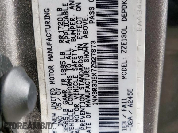 2007 Toyota Corolla CE with VIN 1NXBR30EX7Z927873, listed as a Copart auction lot 56206295 with 182,931 mi miles and Clean title. Bid and sale history available at DreamBid. Image 12.