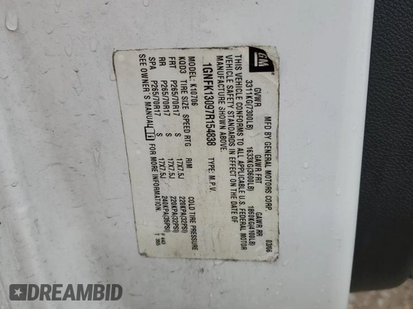 2007 Chevrolet Tahoe LT z VIN 1GNFK13097R154838, wystawiony jako Copart lot #54985145 z przebiegiem Nie podano mil oraz Szkoda całkowita • Salvage title. Historia ofert i sprzedaży dostępna na DreamBid. Obrazek 13.