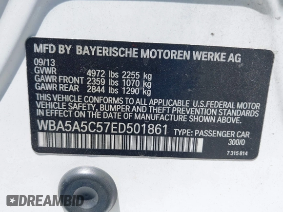 2014 BMW 5 Series 528i with VIN WBA5A5C57ED501861, listed as a IAAI auction lot 42524914 with Not provided miles and . Bid and sale history available at DreamBid. Image 9.
