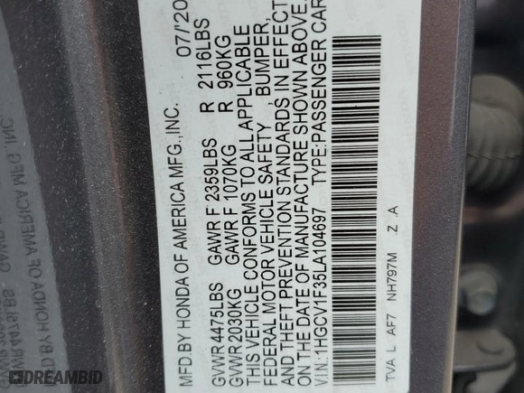 2020 Honda Accord Sedan Sport with VIN 1HGCV1F35LA104697, listed as a Copart auction lot 53745275 with 72,567 mi miles and Salvage Title. Bid and sale history available at carsss.com. Image 12.