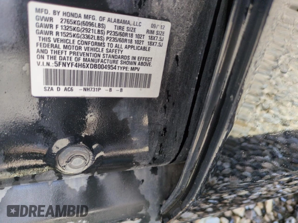 2013 Honda Pilot EX-L with VIN 5FNYF4H6XDB004954, listed as a Copart auction lot 55901055 with 147,551 mi miles and Salvage title. Bid and sale history available at DreamBid. Image 12.