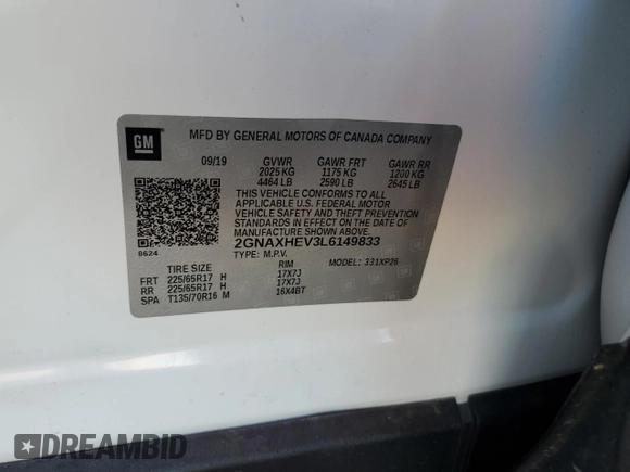 2020 Chevrolet Equinox LS z VIN 2GNAXHEV3L6149833, wystawiony jako Copart lot #57997985 z przebiegiem 64 304 mil mil oraz Szkoda całkowita • Salvage title. Historia ofert i sprzedaży dostępna na DreamBid. Obrazek 13.