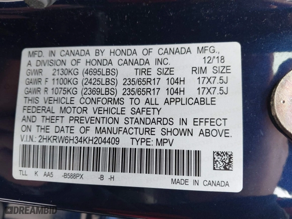 2019 Honda CR-V LX with VIN 2HKRW6H34KH204409, listed as a IAAI auction lot 40494547 with 65,821 mi miles. Bid and sale history available at carsss.com. Image 9.