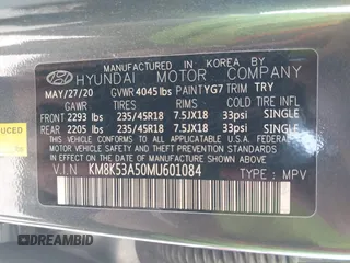 2021 Hyundai Kona Ultimate with VIN KM8K53A50MU601084, listed as a IAAI auction lot 41900099 with 56,171 mi miles. Bid and sale history available at carsss.com. Image 9.