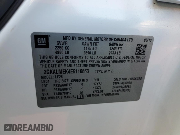 2014 GMC Terrain SLE with VIN 2GKALMEK4E6110663, listed as a Copart auction lot 61054615 with 91,175 mi miles and Salvage title. Bid and sale history available at DreamBid. Image 13.