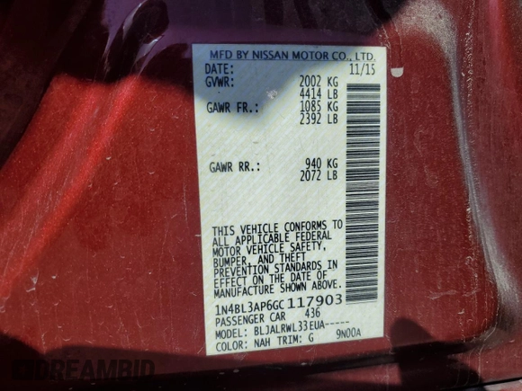 2016 Nissan Altima SL z VIN 1N4BL3AP6GC117903, wystawiony jako Copart lot #49747655 z przebiegiem 130 490 mil mil oraz Czysty tytuł • Clean title. Historia ofert i sprzedaży dostępna na DreamBid. Obrazek 12.
