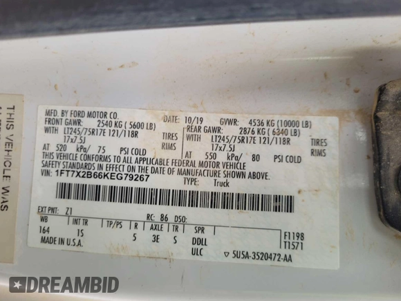 2019 Ford F-250 XL with VIN 1FT7X2B66KEG79267, listed as a IAAI auction lot 42587548 with Not provided miles and . Bid and sale history available at DreamBid. Image 3.
