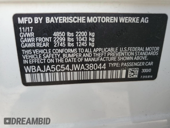2018 BMW 5 Series 530i with VIN WBAJA5C54JWA38044, listed as a Copart auction lot 86167974 with 82,200 mi miles and Salvage Title. Bid and sale history available at carsss.com. Image 14.