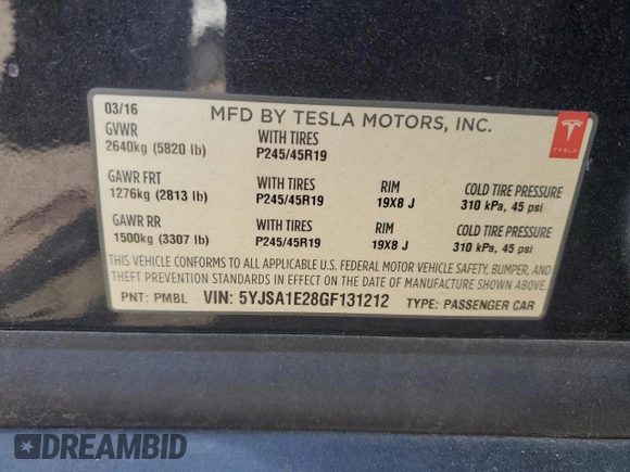 2016 Tesla Model S 90D with VIN 5YJSA1E28GF131212, listed as a Copart auction lot 54176705 with 97,373 mi miles and Salvage Title. Bid and sale history available at DreamBid. Image 13.
