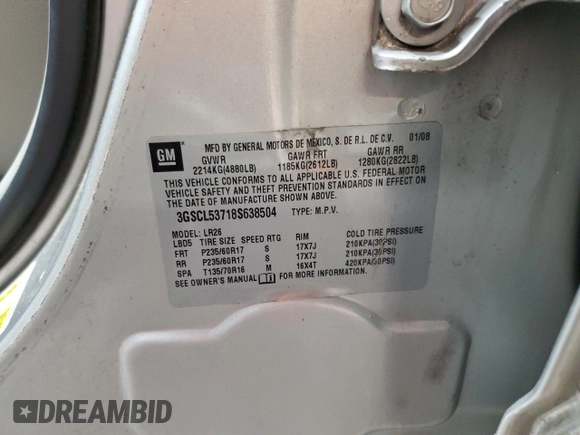 2008 Saturn VUE XR z VIN 3GSCL53718S638504, wystawiony jako Copart lot #50446415 z przebiegiem 93 817 mil mil oraz Tytuł czysty. Historia ofert i sprzedaży dostępna na DreamBid. Obrazek 13.