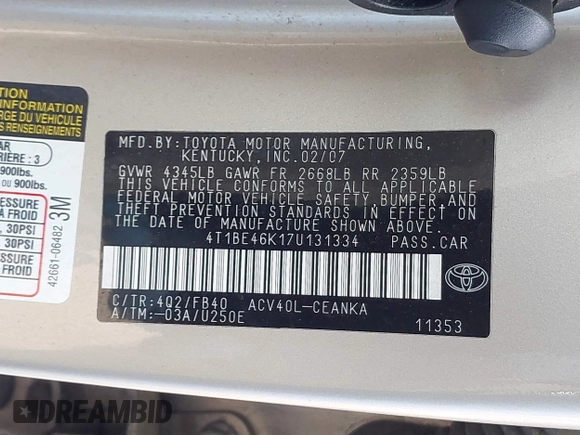 2007 Toyota Camry CE with VIN 4T1BE46K17U131334, listed as a IAAI auction lot 42193971 with 183,953 mi miles and . Bid and sale history available at DreamBid. Image 9.