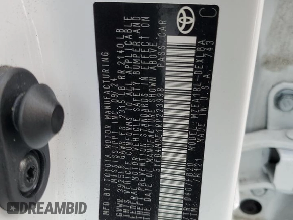 2024 Toyota Corolla LE with VIN 5YFB4MDE1RP223998, listed as a Copart auction lot 53789995 with 5,332 mi miles and Salvage title. Bid and sale history available at DreamBid. Image 12.